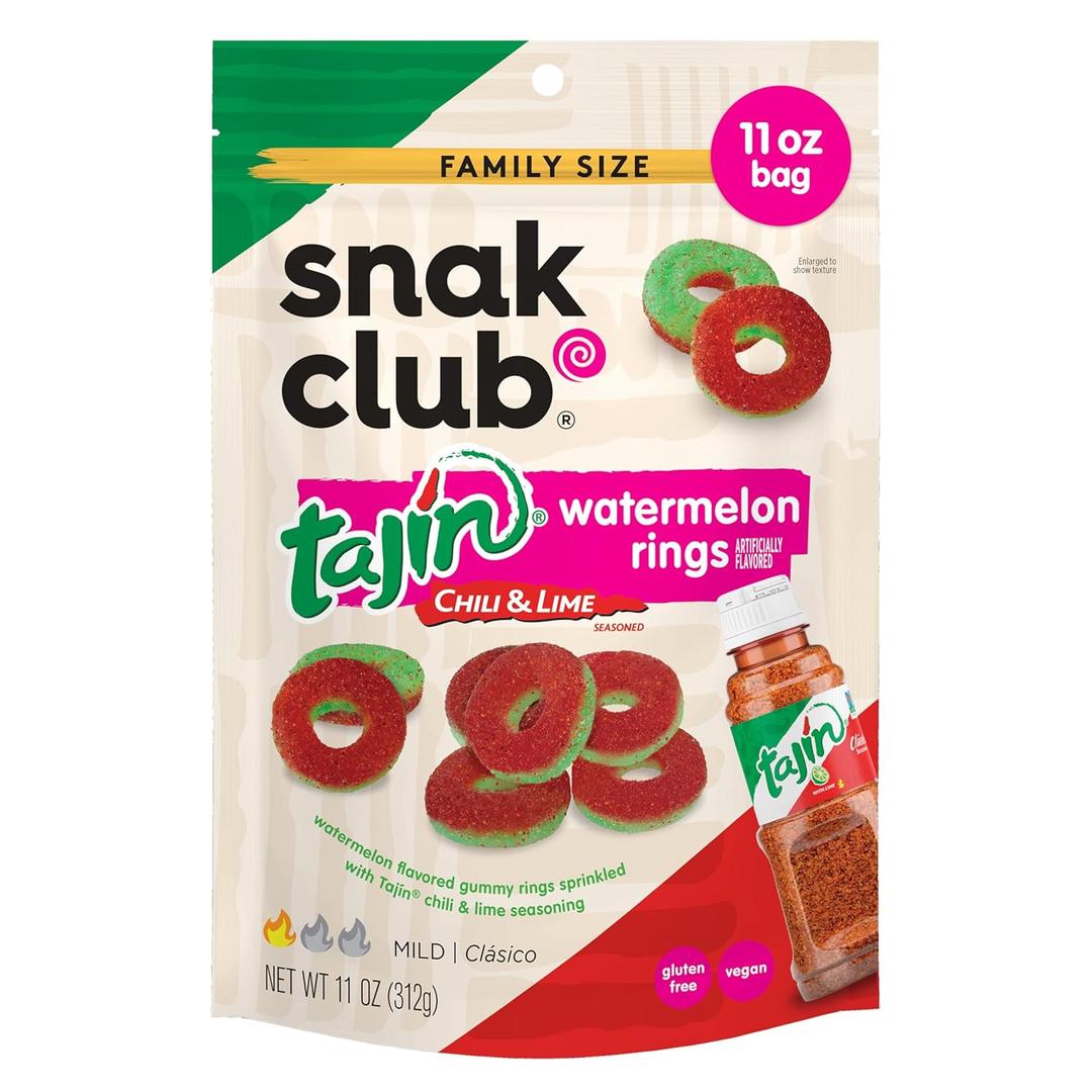 Snak Club Watermelon Rings, Tajin Chili & Lime Seasoned, Sweet and Spicy Gummy Candy, Mild in Heat Bold in Flavor, Low-Fat, Vegan, Gluten-Free Snack, Family Size, 11 Ounce (EXP 10/31/26)