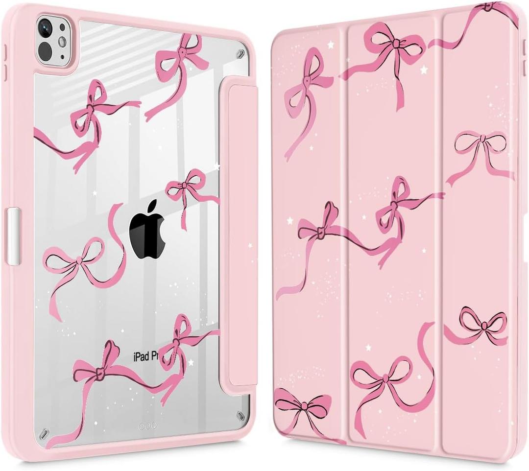May Chen Case for iPad Pro 11-Inch M5/M4 2025/2024 (6th/5th Generation), Clear Transparent Print Back Shell Slim Stand Shockproof Tablet Cover, Auto Wake/Sleep, Pink Bows