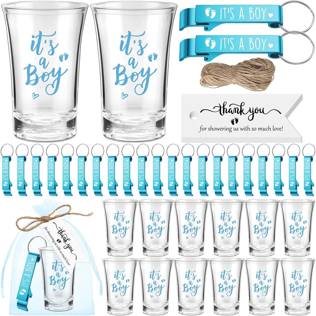50 Sets Baby Shower Favor for Guests Acrylic Shot Glasses with Bottle Opener Keychains Thank You Tags and Bags Gender Reveal Party Favors for Guest Baby Shower Return Gift(Boy)