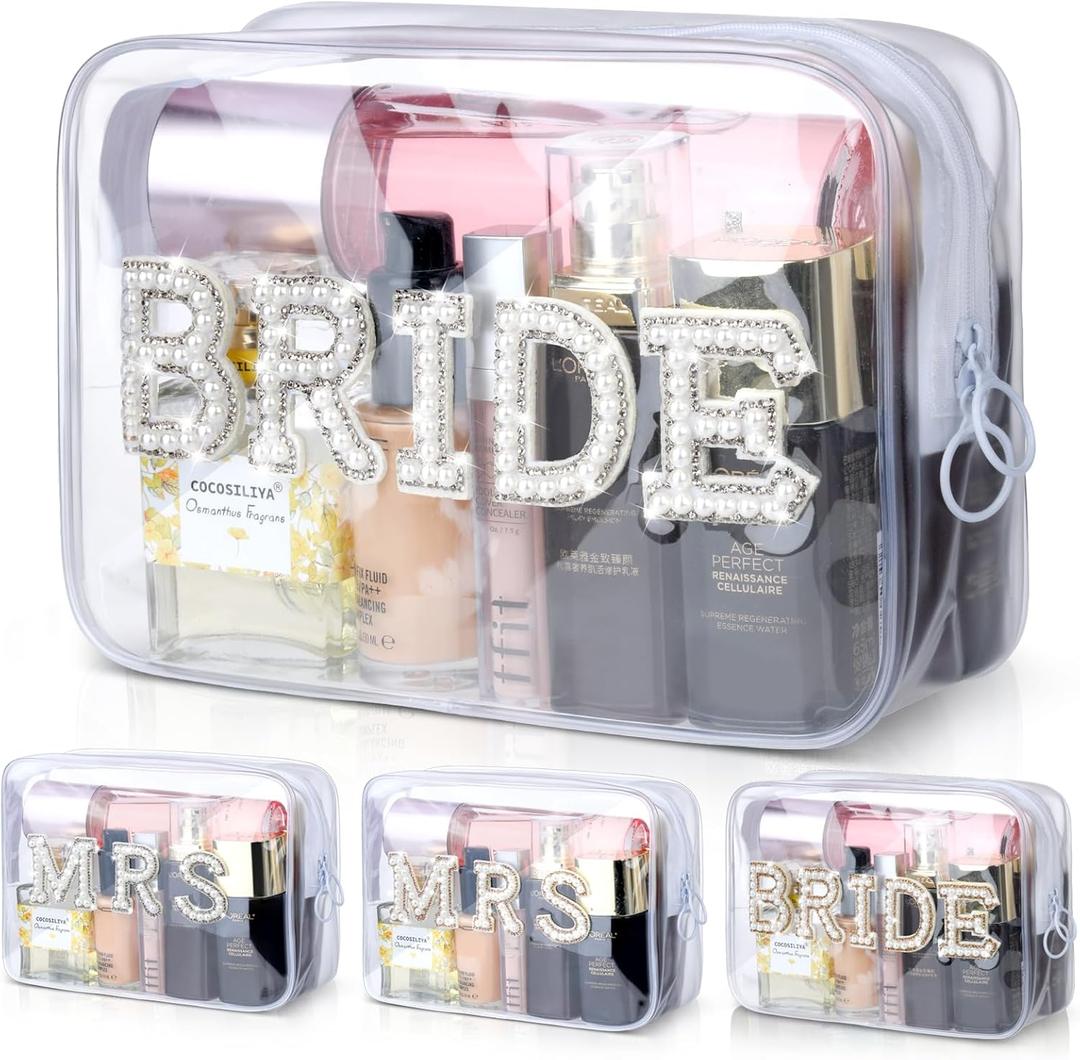 Etercycle Bride Clear Makeup Bag, Bridal Shower Gifts Engagement Cosmetic Bag, Bling Pearl Rhinestone Letter Patches Waterproof PVC Travel Organizer for Women Wedding Bachelorette Party(Silver)