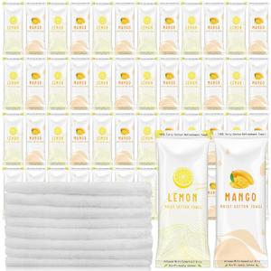 50 Pcs Moist Towelettes Individually Wrapped Scented Disposable Face Towels Essential Oil Infused Moist Terry Cotton Towel for Use Hot or Cold Travel Body Spa (Lemon Mango)