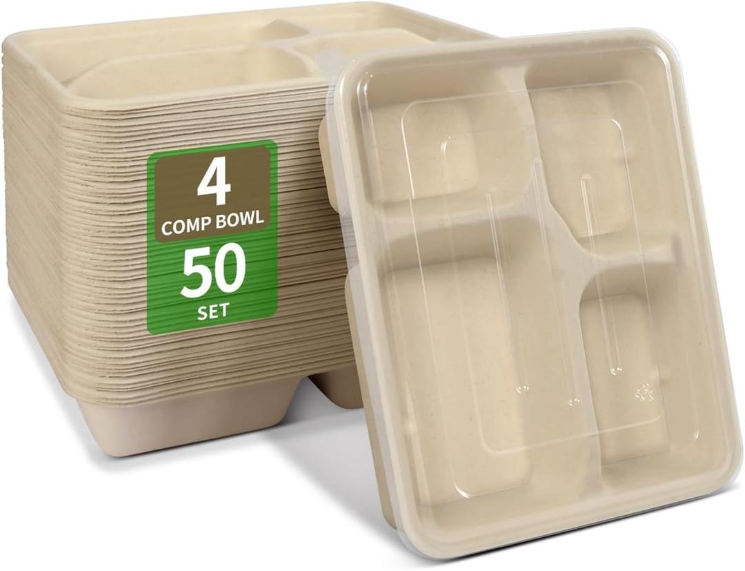 bloomoon 4 Compartment Paper Bowls with Lids, Food-Tray-Style 4 Compartment Catering Bowl with Lid, Disposable Lunch Tray for Food Services at Party, Restaurant, Food Court - 50 Bowls 50 Lids
