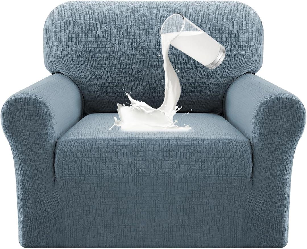 PrinceDeco Waterproof Chair Couch Cover, 100% Dual Waterproof Sofa Cover Washable, Stretch Jacquard Sofa Slipcover, Leakproof Furniture Protector for Kids, Pets (Chair Seat Width 20"-24", Stone Blue)