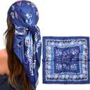 2 x CHLINS 35 Square Silk Scarf for Women Satin Head Scarf Hair Bandanas Neck Scarf Hair Wrap for Handbags Accessories (Blue)