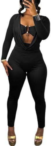 LXUAMR Jumpsuits for Women Sexy Deep V Neck Long Sleeve Jumpsuit Cut Out Bodycon Jumpsuit Going Out Outfits, Black, Size S