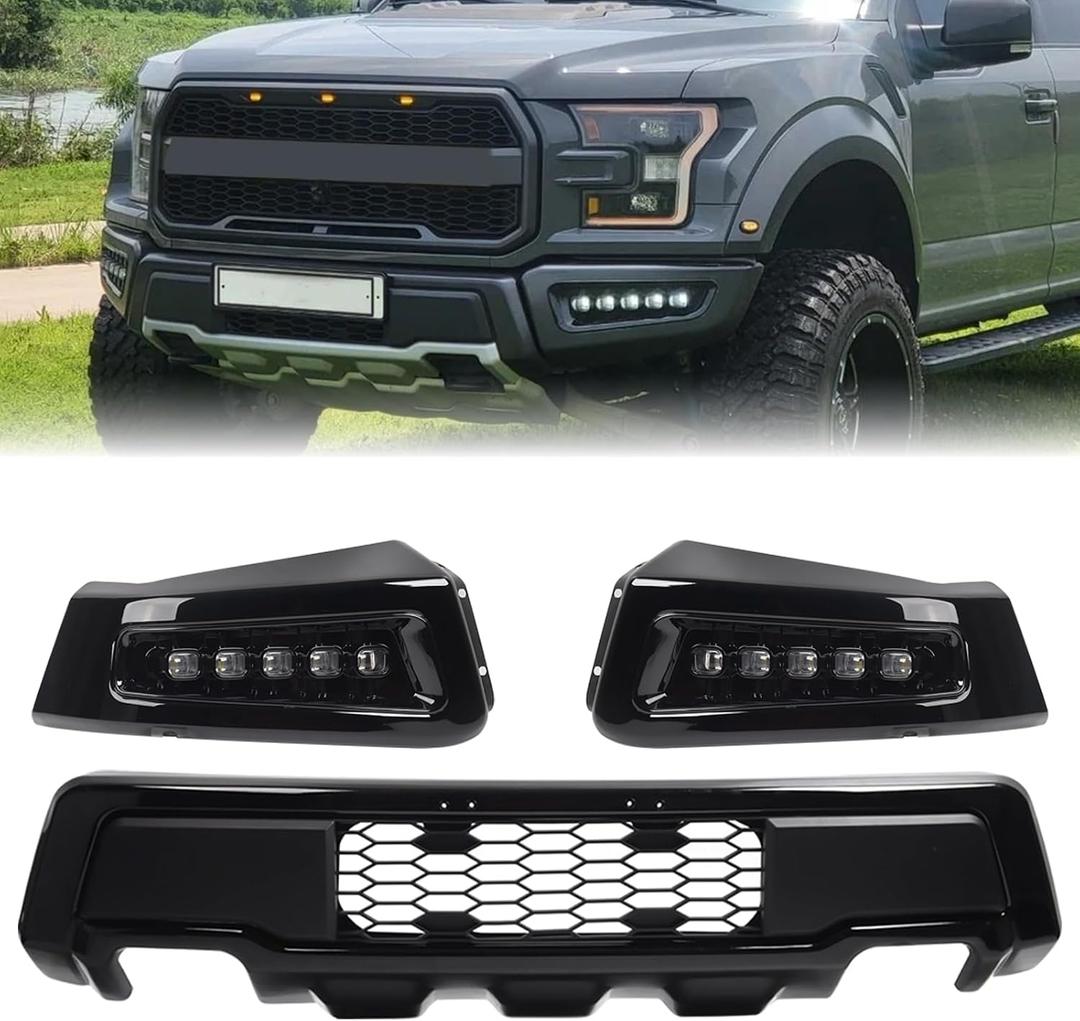 Front Bumper With LED Fog Light Assembly Compatible with 2018-2020 Ford F150 F-150 Steel Black with Sequential Flash Turn Signal Feature