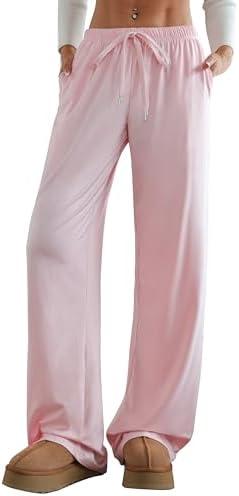 Aoulaydo Women's Wide Leg Lounge Pants Low Rise Baggy Pajama Bottoms with Pockets Y2K Pjs Bottoms, Rose, Size S