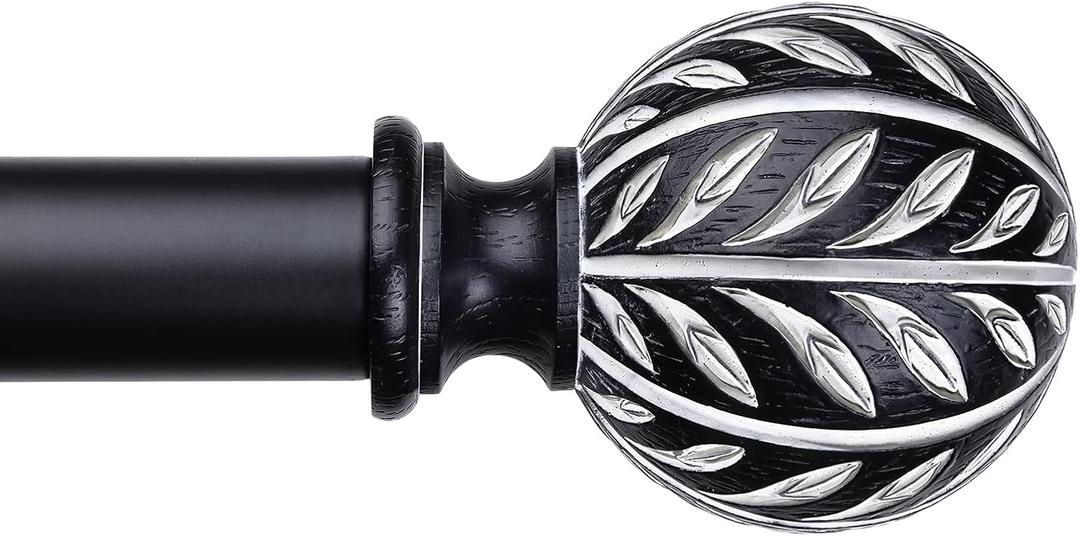 2 Pack Boho Black Curtain Rod, Decorative Curtain Rods for Windows 30 to 56 Inch with Handmade Leaf Finials, 1 Inch Adjustable Heavy Duty Rustic Farmhouse Window Treatment Rods, Easy Install