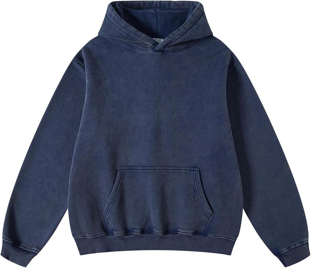 Mens Oversized Hoodies Pullover Vintage Sweatshirt Acid Wash Heavyweight Plush Cotton Baggy Streetwear Top Athletic (Large, Blue)