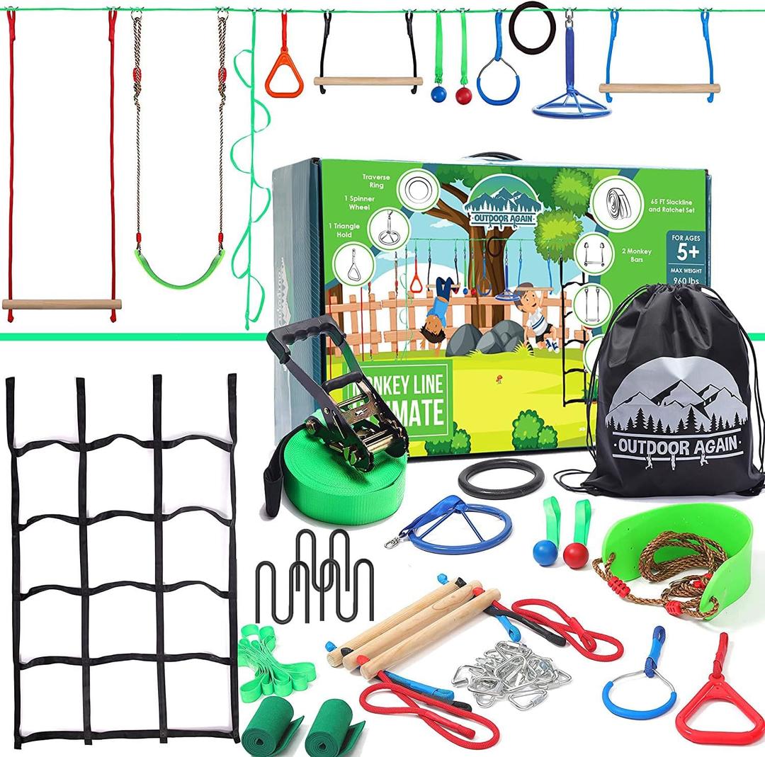 Ninja Warrior Obstacle Course for Kids  2 x 65ft Slackline with 13 Obstacles, Weatherproof, Adjustable Difficulty, Safe Setup on Trees or Posts, Supports Up to 880lbs, Fun Outdoor Ninja Training
