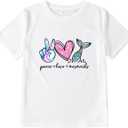 Girl's Peace Love and Mermaids Print T-Shirt Short Sleeve Crew Neck Summer Tee (11y)