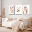 AKWISH Boho Rainbow Wall Art for Girls Room - Set of 3 Framed Wildflower Canvas Prints for Nursery, Baby Girl Room, Kids or Dorm Decor - Soft Pastel Botanical Bohemian Wall Decor 12x16in