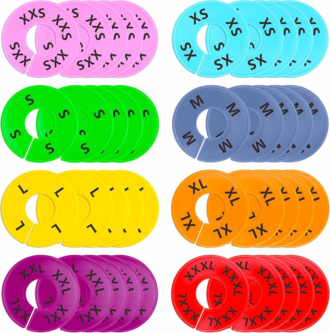 40 Pack Round Colorful Plastic Clothing Size Closet Rack Dividers Hangers, 8 Assorted Colors, Preprinted in 8 Sizes XXS, XS, S, M, L, XL, XXL, XXXL (Outer 3.5, Inner Diameter 1.38)