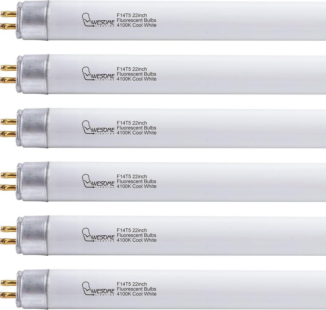 22 Inch F14T5/CW Fluorescent Light Bulb, 4100K Cool White, T5 14 Watt Fluorescent Replacement Bulb for Counter and Cabinet Fixture, G5 Base, 6 Pack