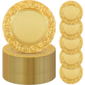 Uiifan 100 Pcs Antique Charger Plates Bulk 13'' Plastic Embossed Dinner Plate Chargers Round Floral Plates for Wedding Decorative Chargers for Table Dinner Kitchen Party Decoration (Gold)
