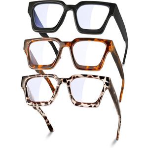 YDAOWKN Oversized Blue Light Blocking Glasses for Woman Rectangle Frame Fashion Chic Preppy Anti Eyestrain ((3pack)black+coco Tortoise+clear) +1.75