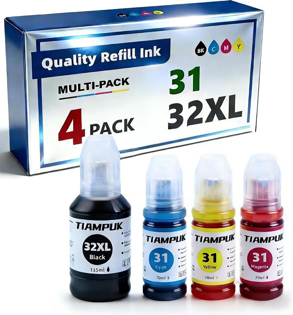 31 32XL Ink Bottles Kit Compatible for HP Smart Tank 5000 7301 651 7001 7602 6001 551 5101 5102 7302 7601 6002 5103 755 757 All-in-One Ink-Tank Printers black,cyan,magenta,yellow ink refill bottles