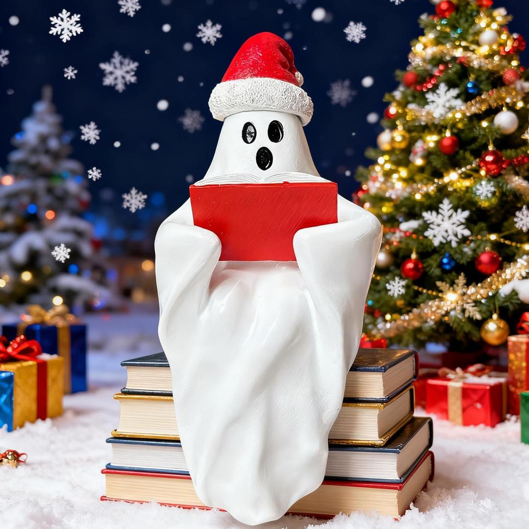 Mtruil Christmas Figurine Cute Funny Figurines with Xmas Hat Read a Book Design Unique Ghost Xmas Indoor Decorations for Christmas Decor Home OfficeTable Bedroom Desktop Display Ornaments 1 PCS