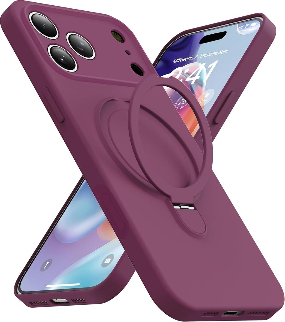 Magnetic Stand for iPhone 17 Pro Case, Liquid Silicone, [Compatible with MagSafe][Built-in Kickstand&Ring Holder] Anti-Scratch Soft Microfiber Lining, Wine Red