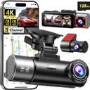 4K+2K+2K 3 Channel Dash Cam Front and Rear, 128GB Card Included, Dash Camera for Cars 5.8G/2.4G Dual Wifi, Built-in GPS, Night Vision, WDR, 170Wide Angle, G-Sensor Emergency Lock, 24H Parking Monitor