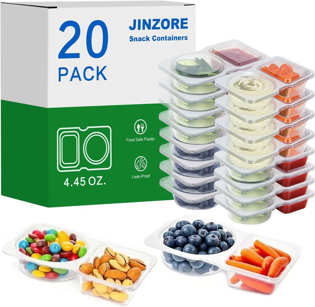 20 Pack Snack Containers, Reusable 2 Compartment Condiment Containers with Lids, Ideal for On-the-Go Mini Sauce Boxes & Lunchable Snack Packs for Kids, Adults, School, Office, Travel, BPA-Free