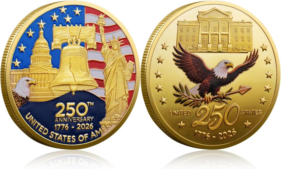 250th Anniversary Commemorative Coins - Golden American Flag & Liberty Bell Design Collectible Coins, Durable Metal Anniversary Coins for Display, Collectors & Gift Idea (1pc)