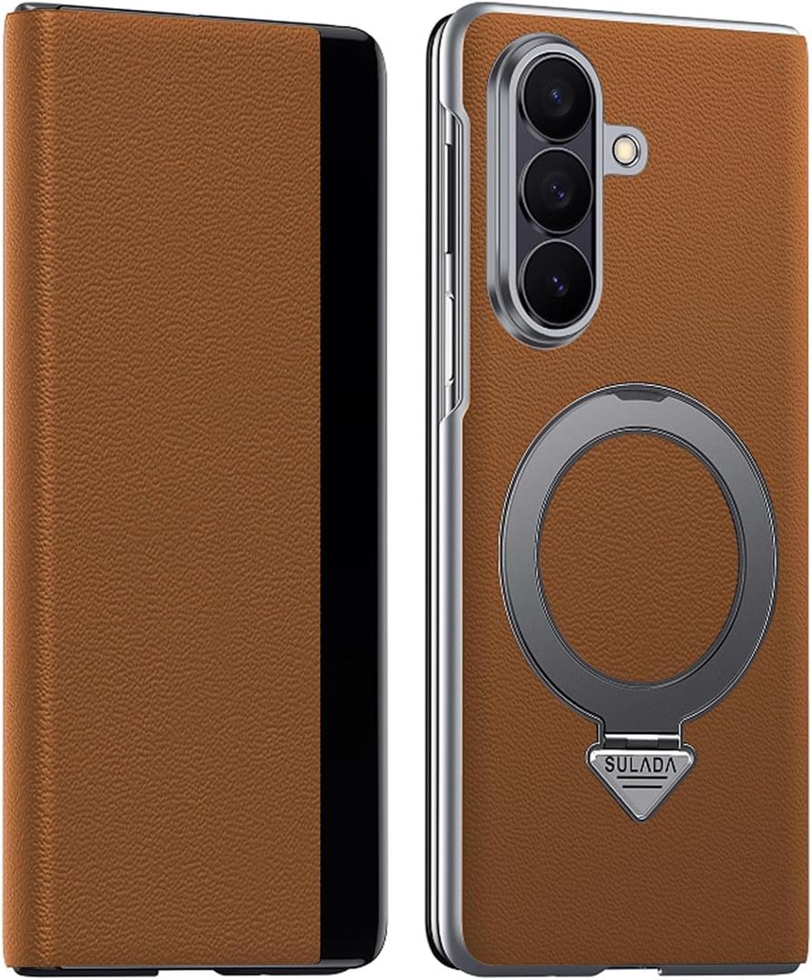 for Samsung Galaxy Z Fold 7 Case with Magnetic Ring, Business Premium Leather Flip Cover Card Slot Hard PC Inner Cover Slim Magnetic Close Folio Case for Z Fold 7 Brown