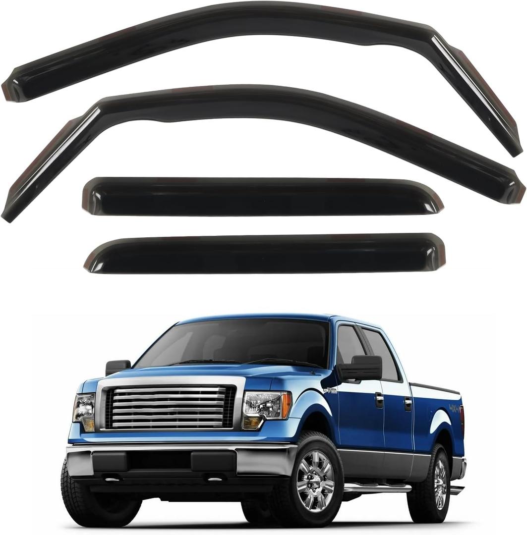 in Channel Rain Guards Fit for Truck 2009 2010 2011 2012 2013 2014 Ford F150 SuperCrew/SVT Raptor Crew Cab, Durable Side Window Visors Deflectors, Smoke Tinted Vent Shade Shield, 4pcs