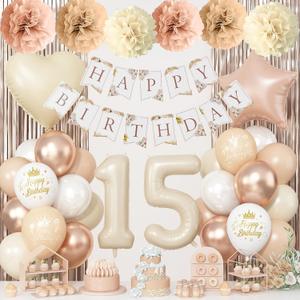 15th Cream Birthday Decorations for Girls, Beige Foil Number Heart Brown Star Balloon Neutral White Gold Nude Latex Balloons with Boho Birthday Banner Fringe Curtain Paper Pom Poms Baby Shower Decor