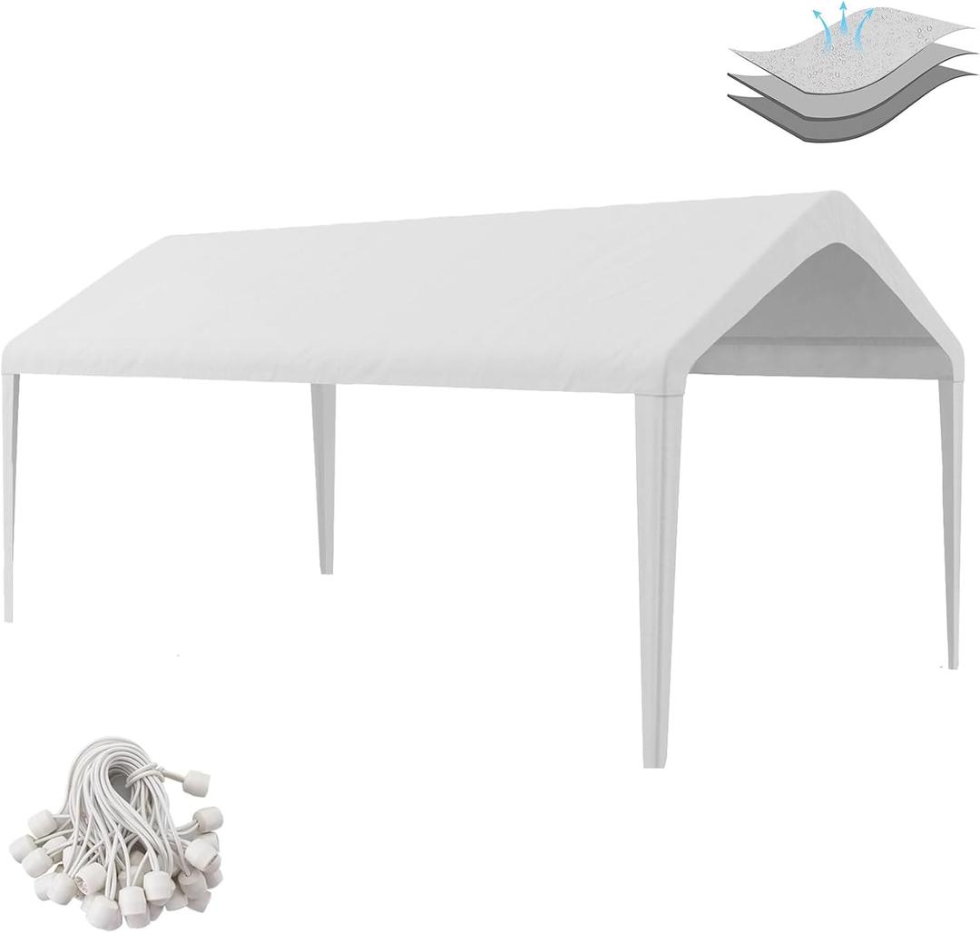 Carport Replacement Canopy 10'x20' for Tent Top Garage Shelter With Ball Bungees, 800D Oxford Waterproof & UV Protection Cover, Not Included Frame (Off-White)