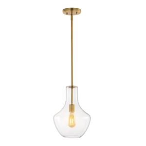 JONATHAN Y 10.5" Brass Gold/Clear Mid-Century Modern 1-Light LED Pendant Light Fixture, Adjustable Schoolhouse Hanging Lamp for Kitchen Island, Clear Glass Shade, LED Bulb Included (JYL6400C)