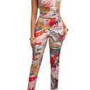 AIMISHI 2 Piece Outfits for Women Print Off the Shoulder Crop Tops High Waist Long Pants Sets Tracksuit White Red Combo Small (S)
