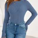 PRETTYGARDEN Womens Long Sleeve Shirts Ribbed Knit Fitted Cute Tops for Women Trendy Basic Pullover Shirt Fall Clothes (Blue, XXL)
