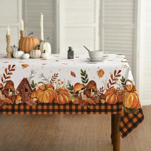 Horaldaily Fall Tablecloth 60x84 Inch Rectangular, Thanksgiving Autumn Harvest Pumpkin Mushroom Orange Buffalo Plaid Table Cover for Party Picnic Dinner Decor