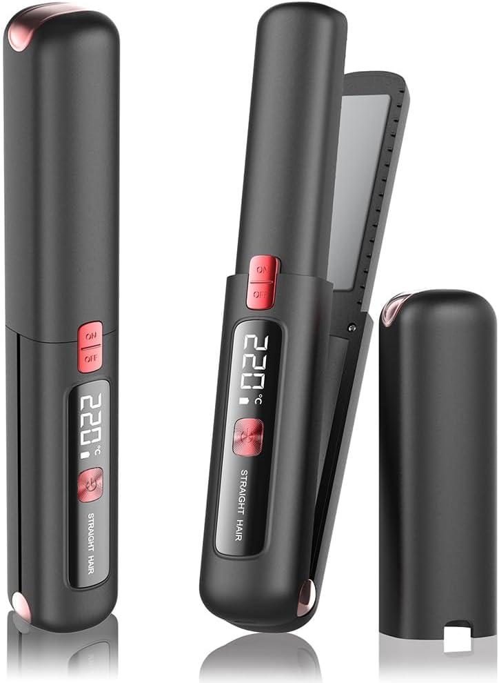 Cordless Hair Straightener and Curler 2 in 1 Mini Lightweight and Small USB Rechargeable with 4500mAh Battery 10s Fast Heating Portable Ceramic Flat Iron for Travel (Black)