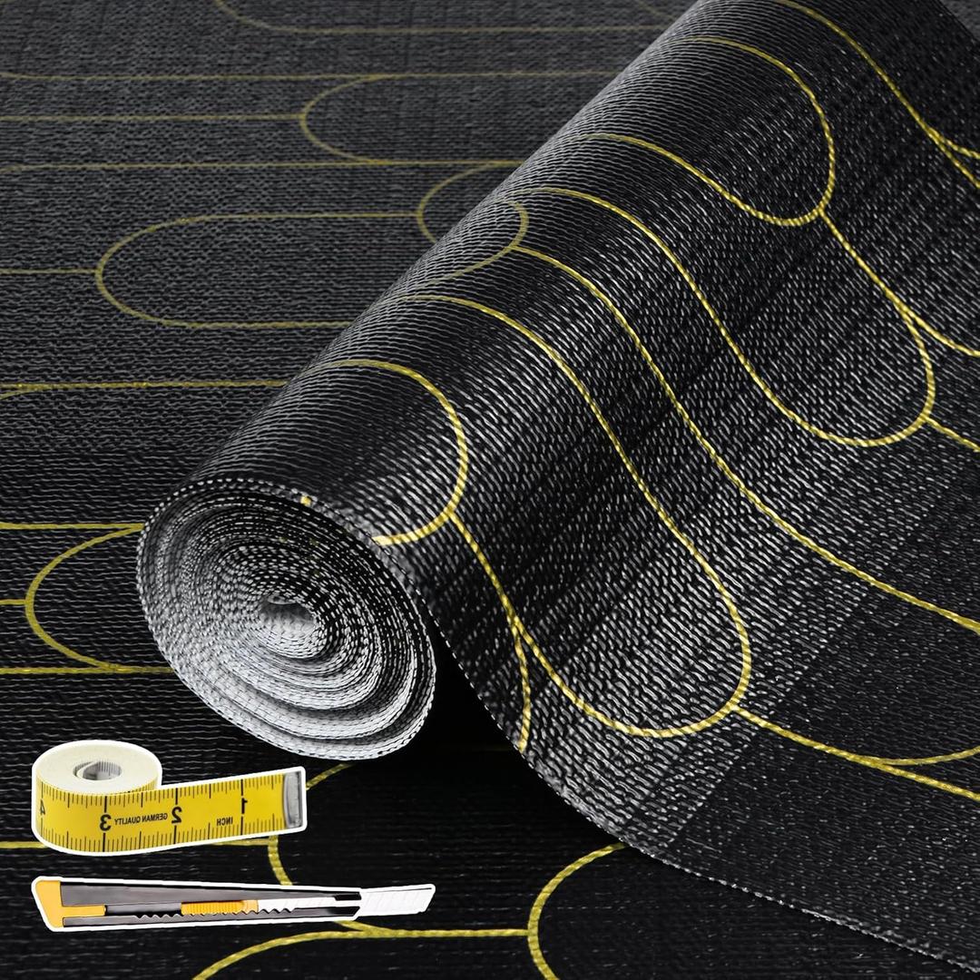 Shelf Liners for Kitchen Cabinets Drawer Liner 12in x 20FT Non Adhesive Black Gold Line Thickened Refrigerator Shelf Liner Paper Strong Easy to Clean for Tool Box with Knife and Tape Measure
