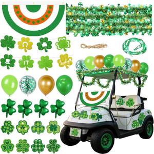 St Patricks Golf Cart Parade Decorations Kit, Irish Shamrock Parade Decor Set with Irish Flag Bunting,Green Metallic Tinsel Garland,Shamrock Balloons, Cards, for Irish Party Golf Cart Decor