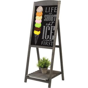 MyGift Vintage Gray Wood A-Frame Chalkboard Easel, 45" Freestanding Decorative Chalkboard Sign with Plant Shelf Stand