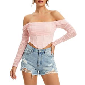 JSXZMMSM Womens Corset Top Sexy Strapless Long Sleeve Mesh Boned Bustier Party Going Out Concert Tops (US, Alpha, Small, Regular, Short, Pink) (Pink, S)