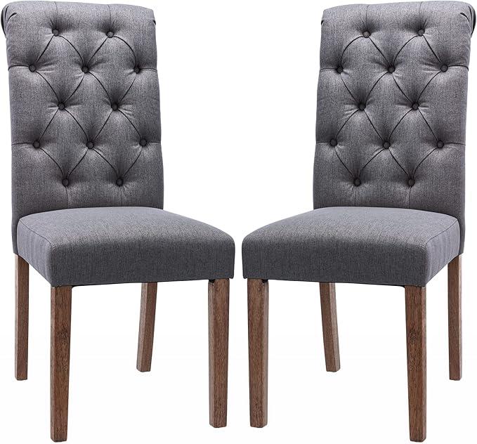 COLAMY Button Tufted Dining Chairs Set of 4, Parsons Upholstered Fabric Pack of 2 Dining Room Chairs Kitchen Chairs with Wood Legs and Padded Seat, Dark Grey