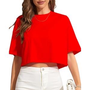 Women Cropped Tees Loose Fit Half Drop Shoulder Short Sleeve Tops Round Neck Basic Casual Shirts for Summer 2025 (Medium, New Red)