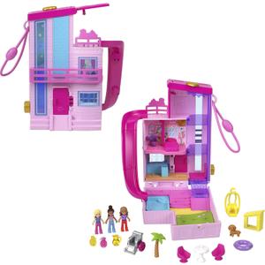 Polly Pocket Barbie Dreamhouse Compact, Dollhouse Playset with 3 Micro Dolls, 1 Puppy, 11 Accessories, Elevator & Pool (Multicolor)