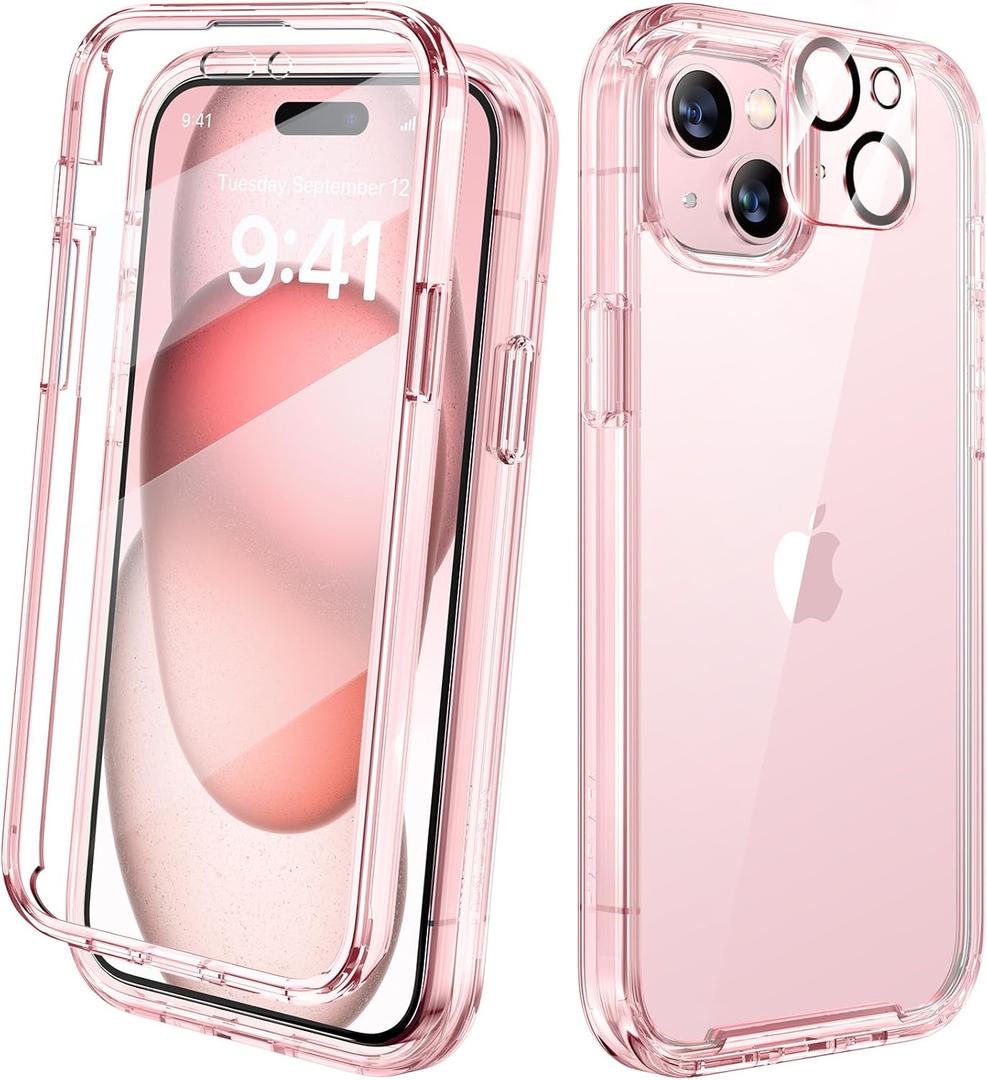 Diaclara Designed for iPhone 15 Case, Full Body Rugged Case with Built-in Touch Sensitive Anti-Scratch Screen Protector, with Camera Lens Protector for iPhone 15 6.1" (Clear Pink)