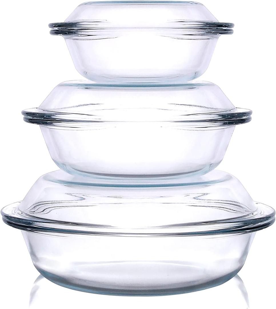 Set of 6 Round Glass Casserole Dishes, Nesting Glass Baking Dish Set with Lid, Oven, Freezer and Dishwasher Safe. - 0.5QT+1QT+1.8QT