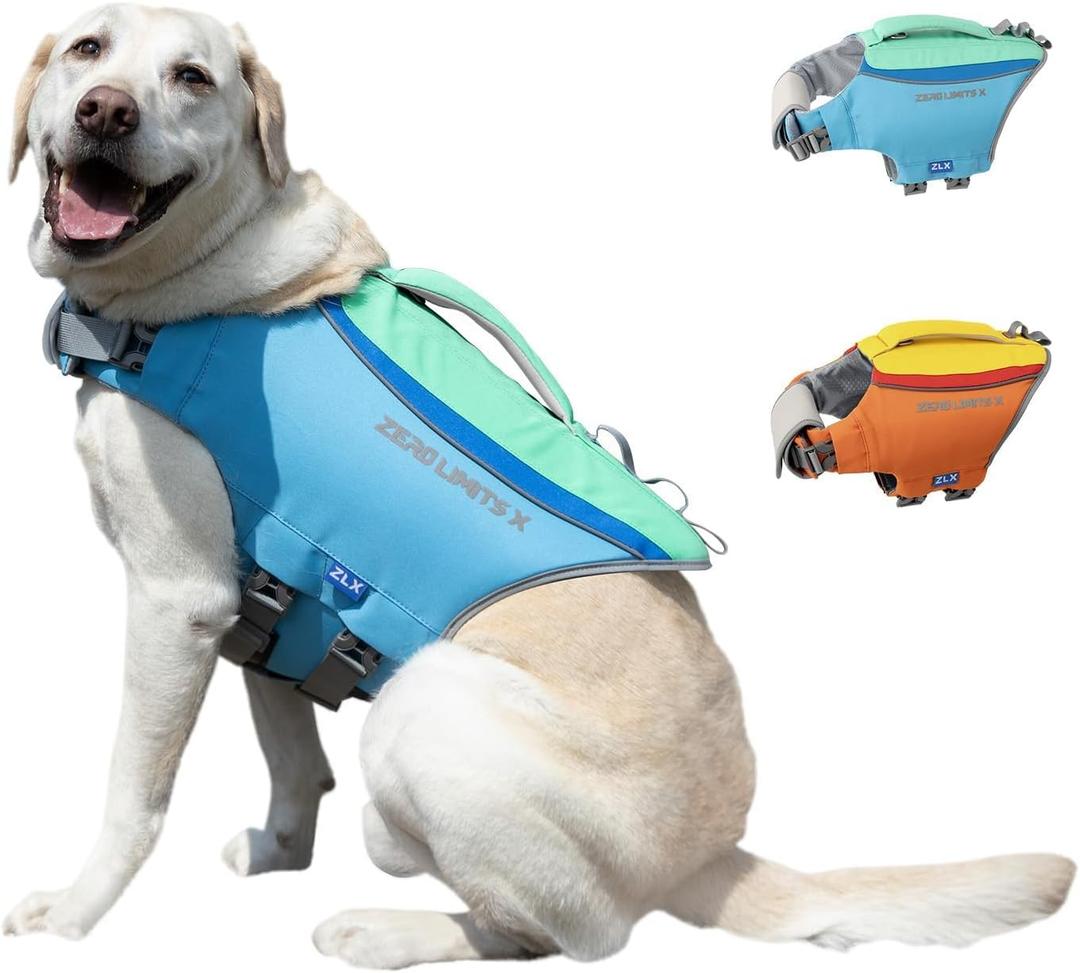 ZLX Dog Life Jacket, High Buoyancy Dog Life Vest with Secure Handle, Ripstop Lifejacket for Swimming, Boating, Water Safety, Adjustable Lightweight Floating Pet Preserver, Large, Blue
