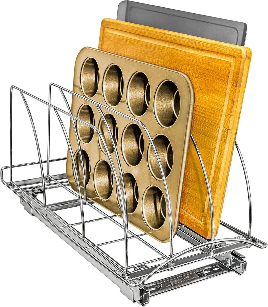 LYNK PROFESSIONAL Pull Out Cutting Board, Cookie Sheet, and Baking Pan Organizer Rack - Lifetime Ltd, Slide Out Kitchen Cabinet Storage Organizers 10 x 21 Deep - Pullout Shelf, Chrome (10w x 21d x 9.6h -inch)
