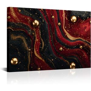 ChaudArt Glamorous Red and Black Marble with Gold Accents Wall Decor for Luxe Lounge Evoking Opulent Elegance, 36"L x 24"W