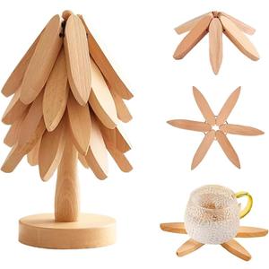 Premium Wooden Trivets, Kitchen Trivet for Pans & Plates & Cups, Dining-Table Pine Tree Decoration, Eco-Friendly & Easy Clean & Space-Saving (4 Leaf Foldable)