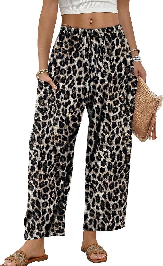 Sampeel Women's Leopard Print Wide Leg Pants Capri Barrel Cute Summer Beach Pants Palazzo High Waist Trousers Pockets Vacation Outfits Business Casual Y2K Clothes Fashion Clothing S