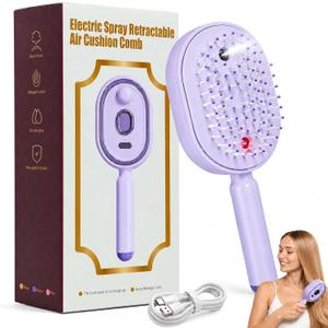 Electric Spray Air Cushion Massage Comb, 5-in-1 Rechargeable Mist Hair Brush with 10ml Refillable Reservoir, One-Press Self-Cleaning Detangling Brush for Dry, Frizzy, Curly & Thick Hair (Purple)